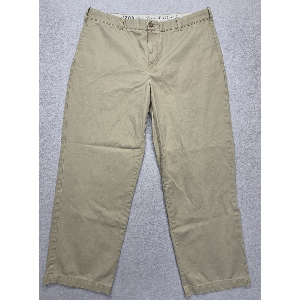 IZOD Saltwater Wash Chino Pants Mens 40x32 Khaki Tan Flat Front Straight Stretch